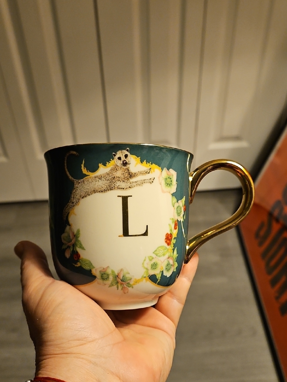 Anthropologie Teal and Gold Handle Monogram 'L' Floral Leopard Accent Mug